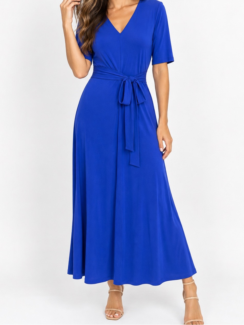 MSK Royal Blue Tie Waist V Neck Maxi Dress Short Sleeve Stretch. Size S